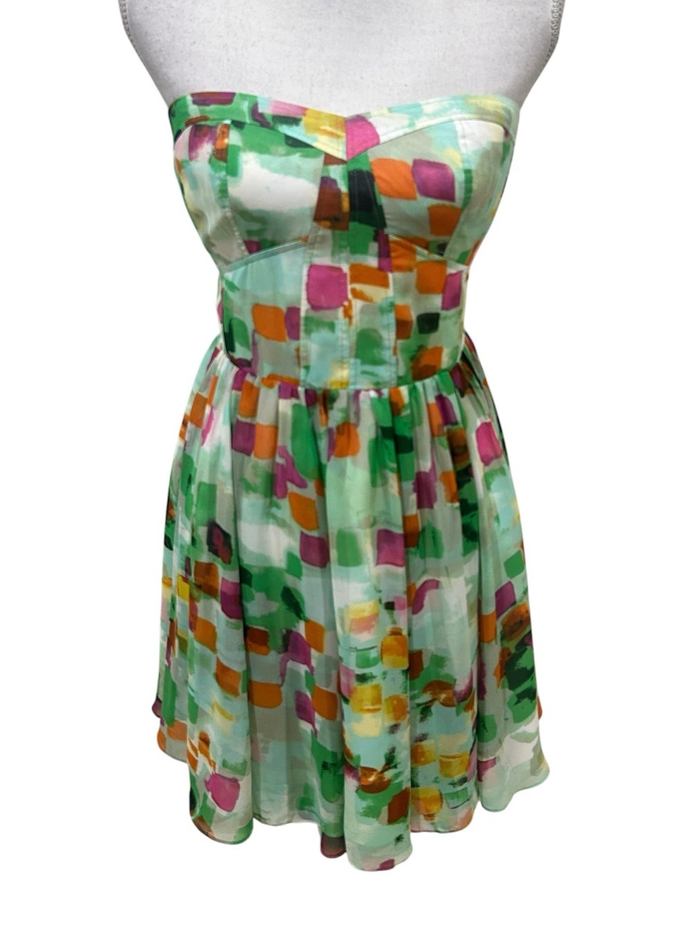 Guess Strapless green pink watercolor Abstract Print mini Dress corset top sz 6